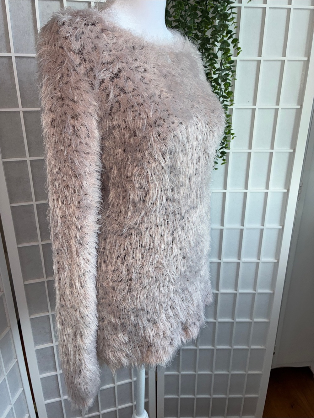 Maison Jules Crewneck Sweater in Dusty Rose Faux Fur over Bronze Fiber Print M